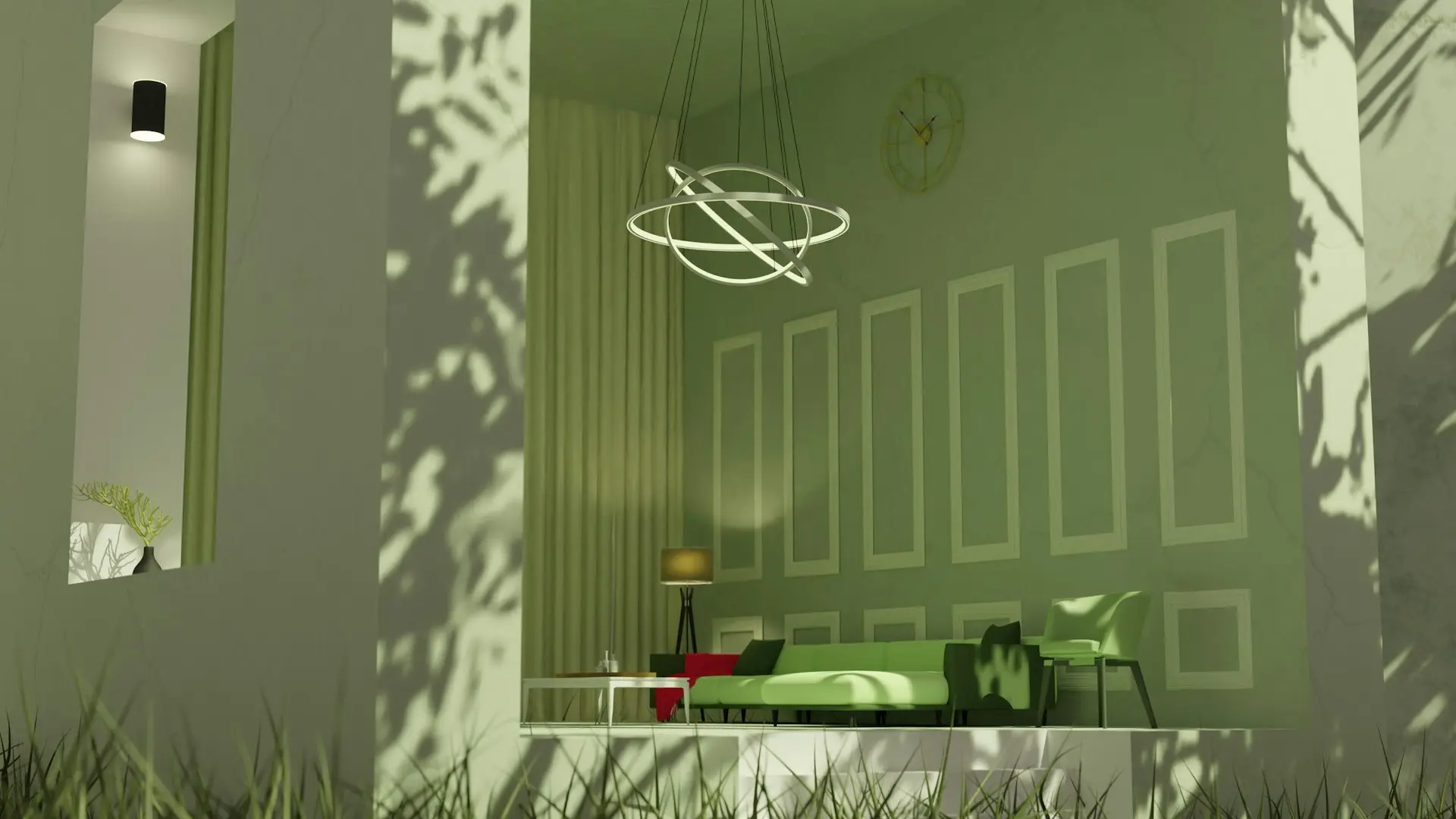 a living room with a green couch and a lamp