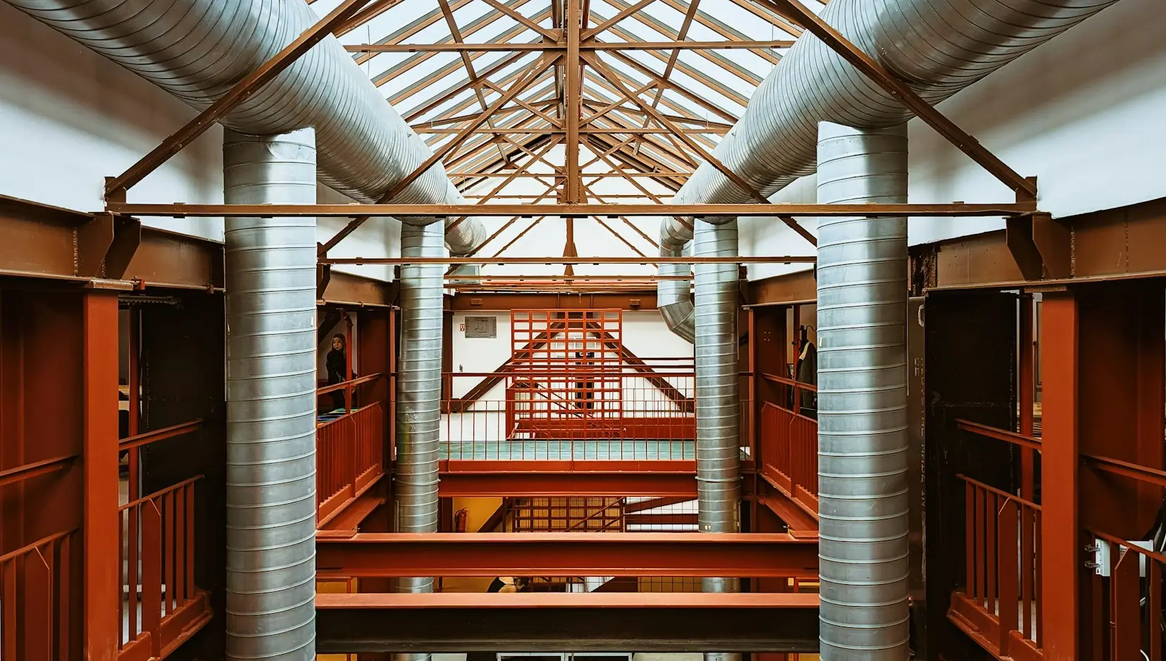 a view of a building from the top of the stairs